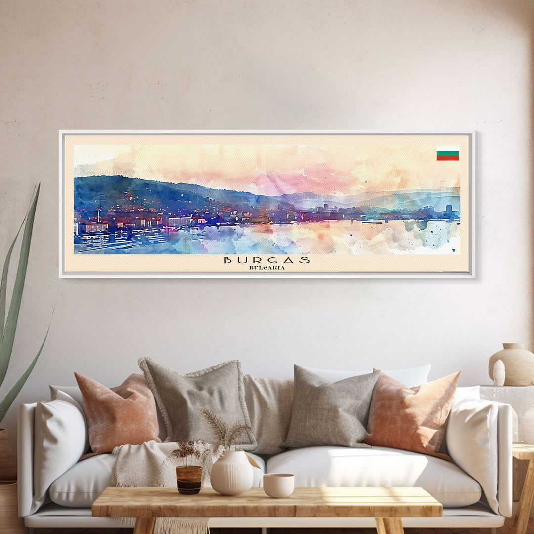 Burgas Bulgaria Panoramic Travel Poster, Framed Canvas Print or Metal Wall Art, Travel Art, Home Decor, Panoramic Painting, Midcentury Art