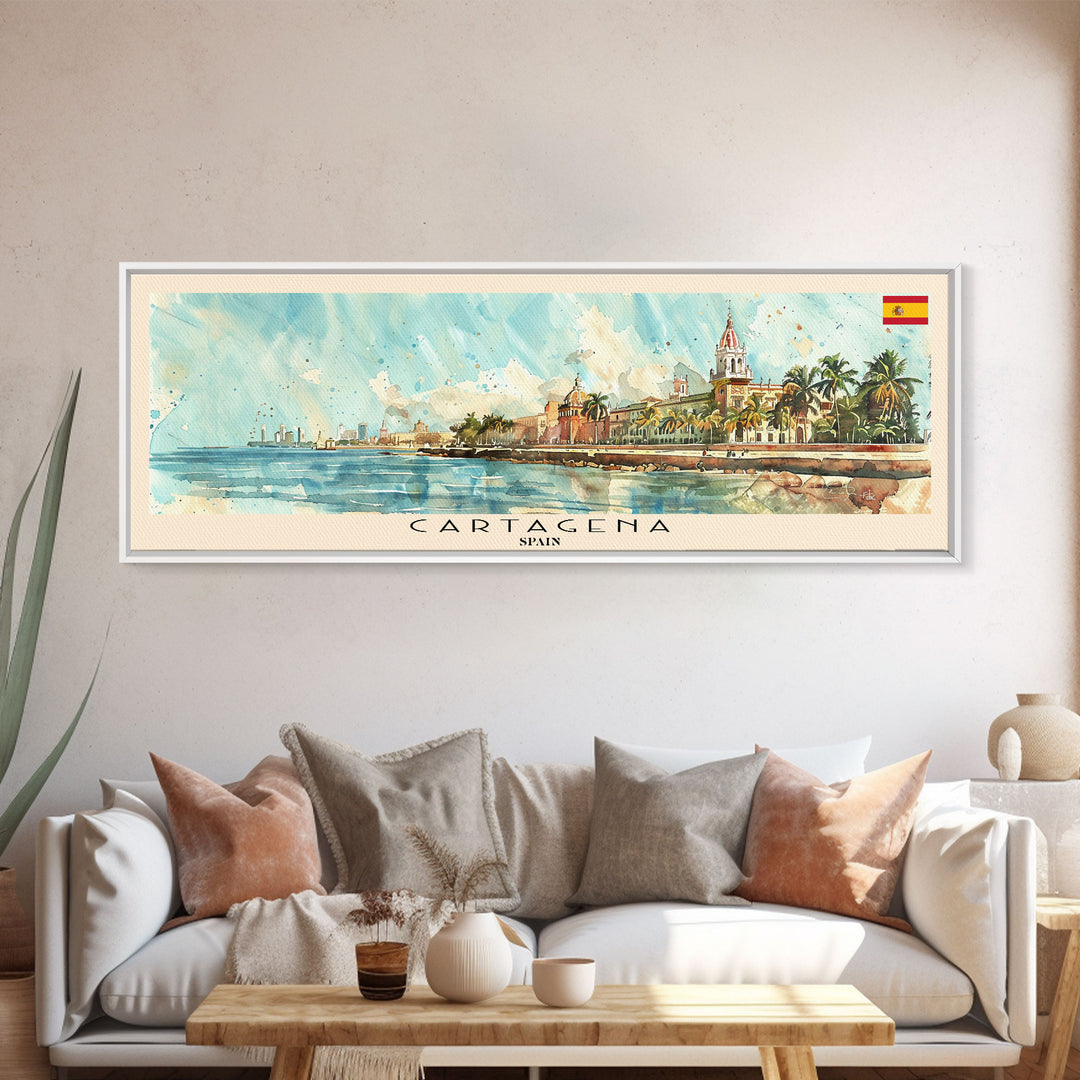 Cartagena Spain Panoramic Travel Poster, Framed Canvas Print or Metal Wall Art, Travel Art, Home Decor, Panoramic Painting, Midcentury Art