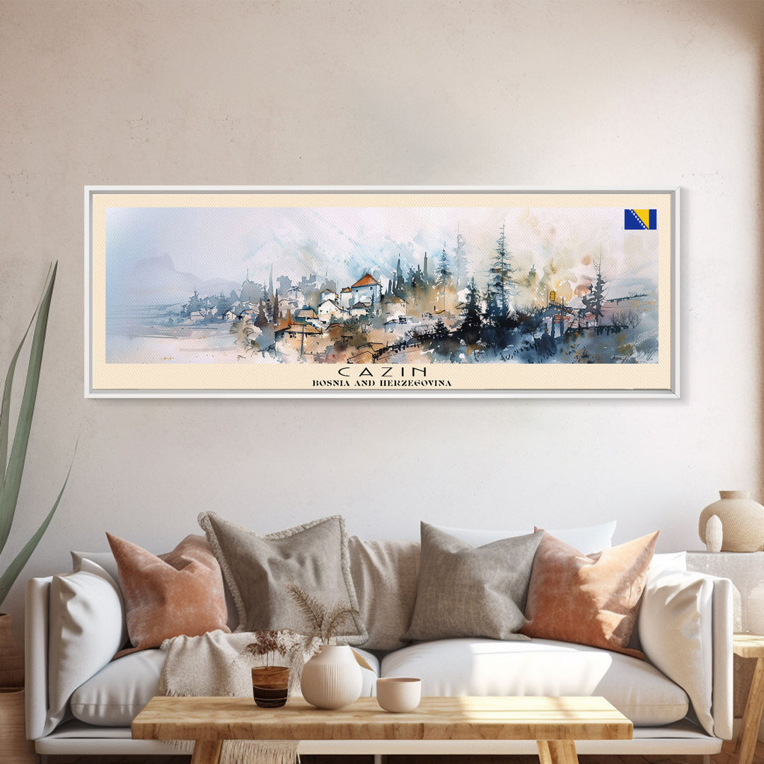 Cazin Bosnia Travel Art, City Art, Framed Canvas Print or Metal Wall Art, Europe Travel Poster, Panoramic Wall Art, Extra Wide Wall Art
