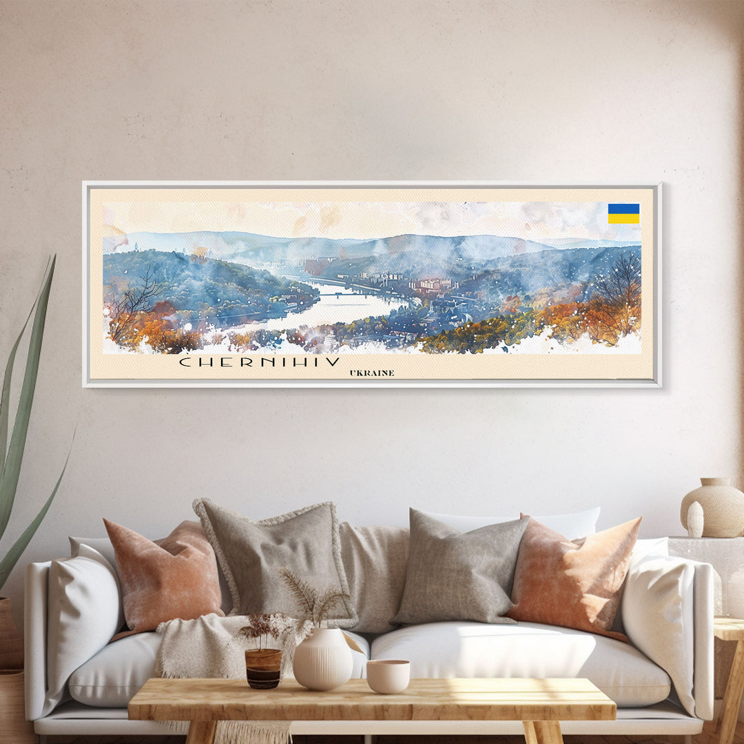 Chernihiv Ukraine Panoramic Travel Poster, Framed Canvas Print or Metal Wall Art, Travel Art, Home Decor, Panoramic Painting, Midcentury Art
