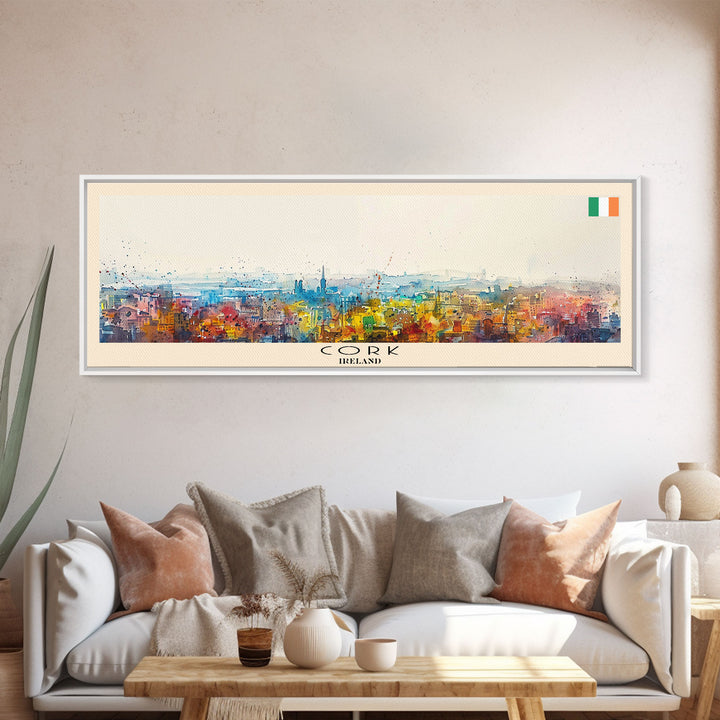Cork Ireland Panoramic Travel Poster, Framed Canvas Print or Metal Wall Art, Travel Art, Home Decor, Panoramic Painting, Midcentury Art