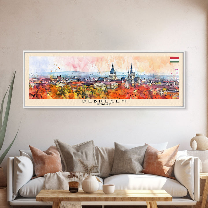 Debrecen Hungary Panoramic Travel Poster, Framed Canvas Print or Metal Wall Art, Travel Art, Home Decor, Panoramic Painting, Midcentury Art