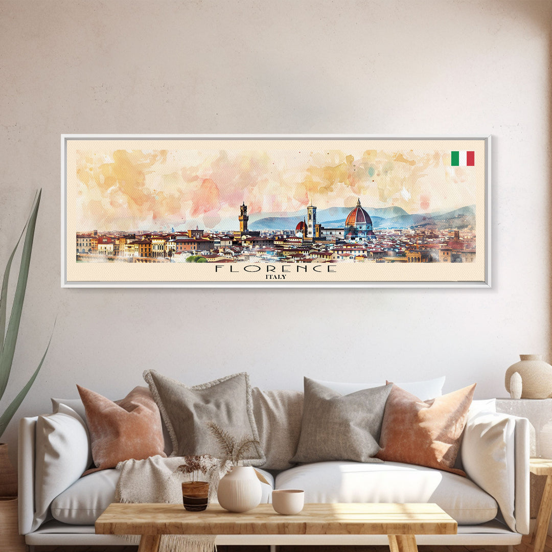 Florence Italy Panoramic Travel Poster, Framed Canvas Print or Metal Wall Art, Travel Art, Home Decor, Panoramic Painting, Midcentury Art