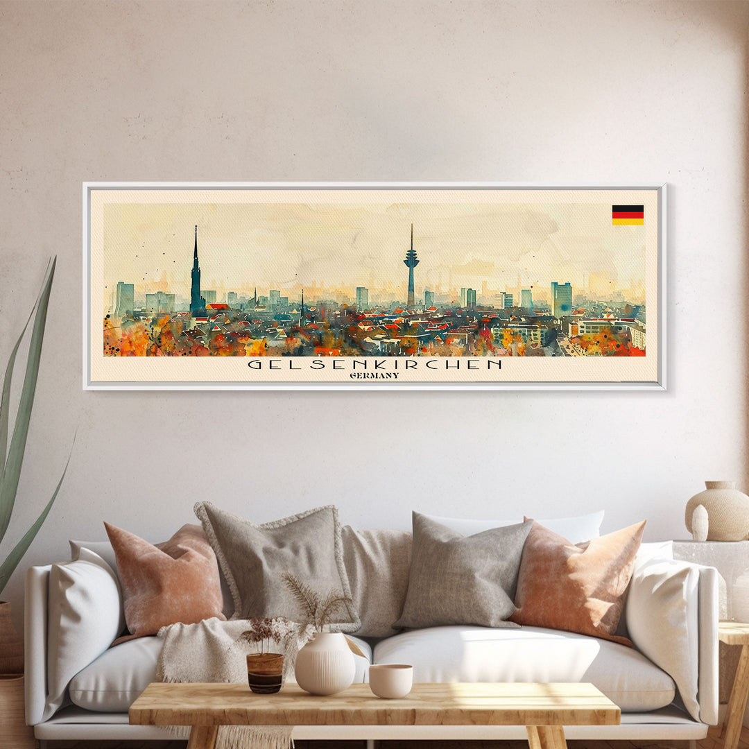 Gelsenkirchen Germany Panoramic Travel Poster, Framed Canvas Print or Metal Wall Art, Travel Art, Home Decor, Panoramic Painting, Midcentury Art