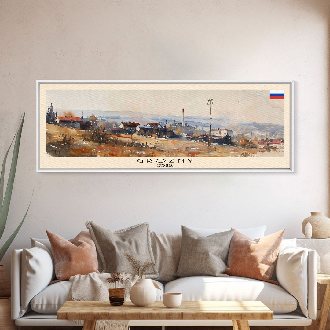 Grozny Russia Panoramic Travel Poster, Framed Canvas Print or Metal Wall Art, Travel Art, Home Decor, Panoramic Painting, Midcentury Art