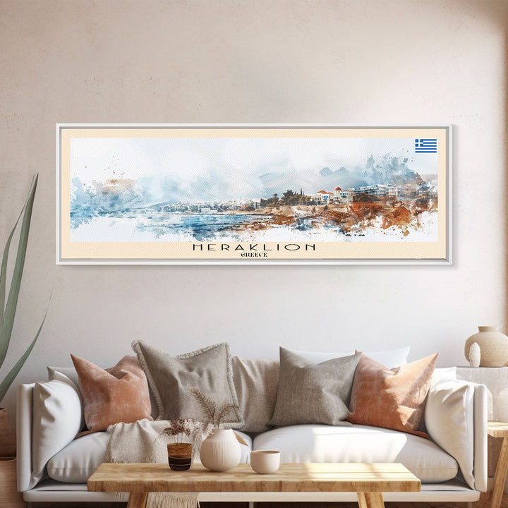 Heraklion Greece Panoramic Travel Poster, Framed Canvas Print or Metal Wall Art, Travel Art, Home Decor, Panoramic Painting, Midcentury Art
