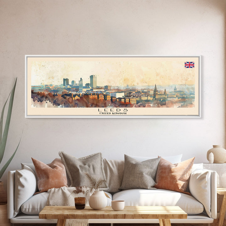 Leeds United Kingdom Panoramic Travel Poster, Framed Canvas Print or Metal Wall Art, Travel Art, Home Decor, Panoramic Painting, Midcentury Art