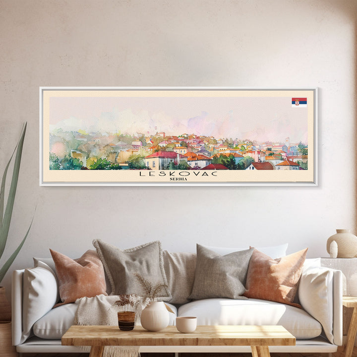 Leskovac Serbia Panoramic Travel Poster, Framed Canvas Print or Metal Wall Art, Travel Art, Home Decor, Panoramic Painting, Midcentury Art