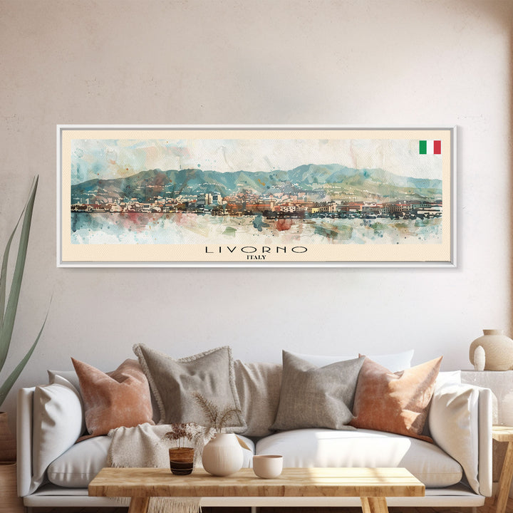 Livorno Italy Panoramic Travel Poster, Framed Canvas Print or Metal Wall Art, Travel Art, Home Decor, Panoramic Painting, Midcentury Art