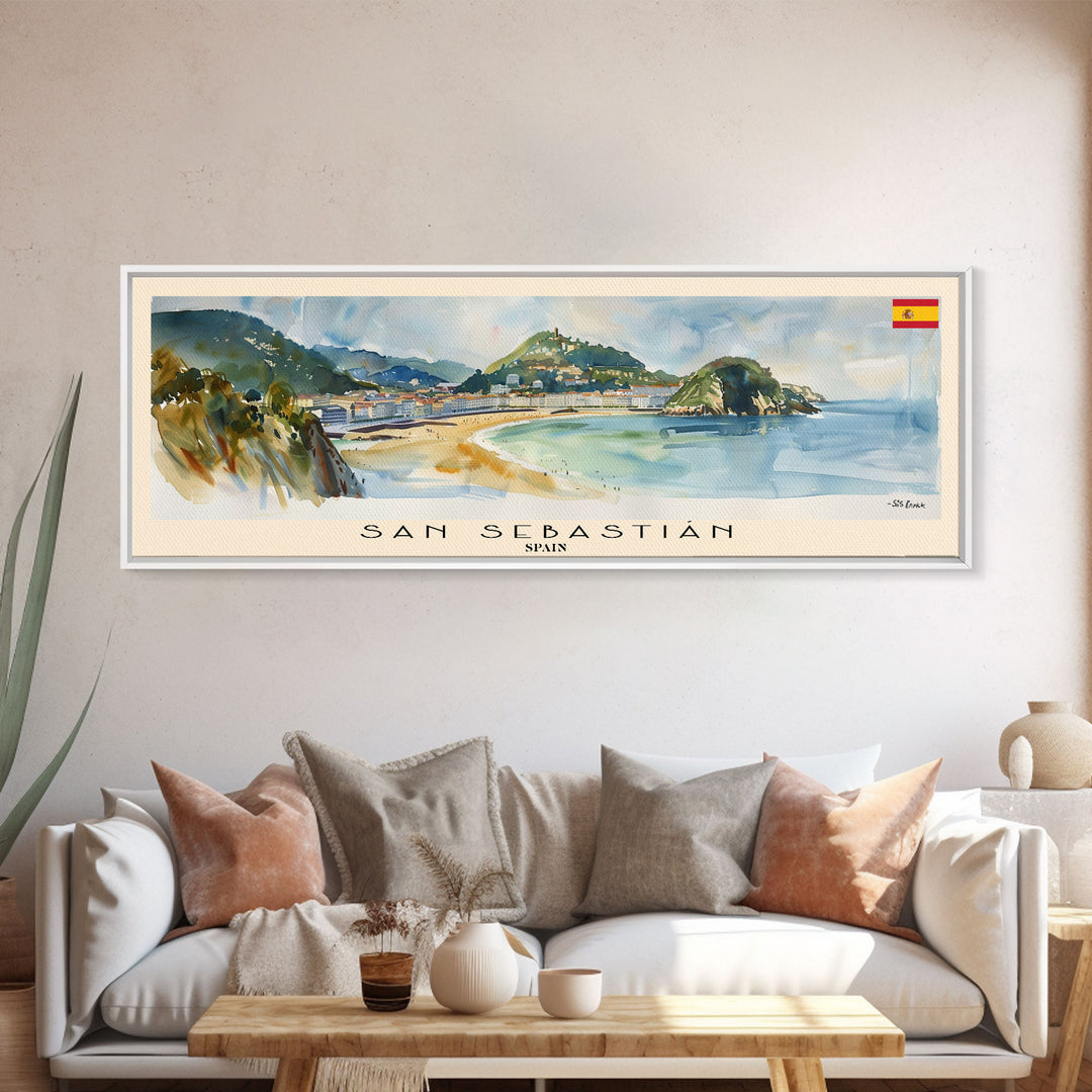 San Sebastian Spain Panoramic Travel Poster, Framed Canvas Print or Metal Wall Art, Travel Art, Home Decor, Panoramic Painting, Midcentury Art