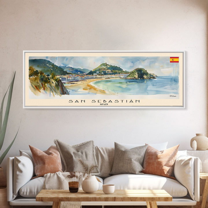 San Sebastian Spain Panoramic Travel Poster, Framed Canvas Print or Metal Wall Art, Travel Art, Home Decor, Panoramic Painting, Midcentury Art