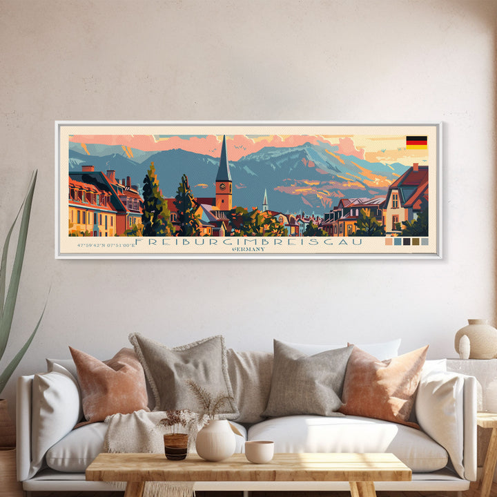 Freiburg Germany Panoramic Travel Poster, Framed Canvas Print or Metal Wall Art, Travel Art, Home Decor, Panoramic Painting, Midcentury Art
