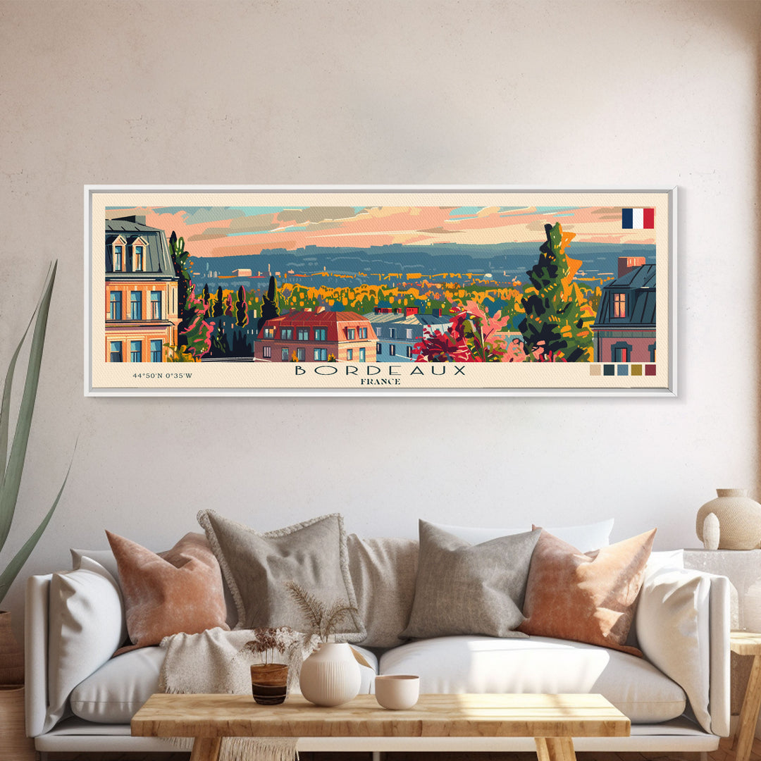 Bordeaux France Panoramic Travel Poster, Framed Canvas Print or Metal Wall Art, Travel Art, Home Decor, Panoramic Painting, Midcentury Art