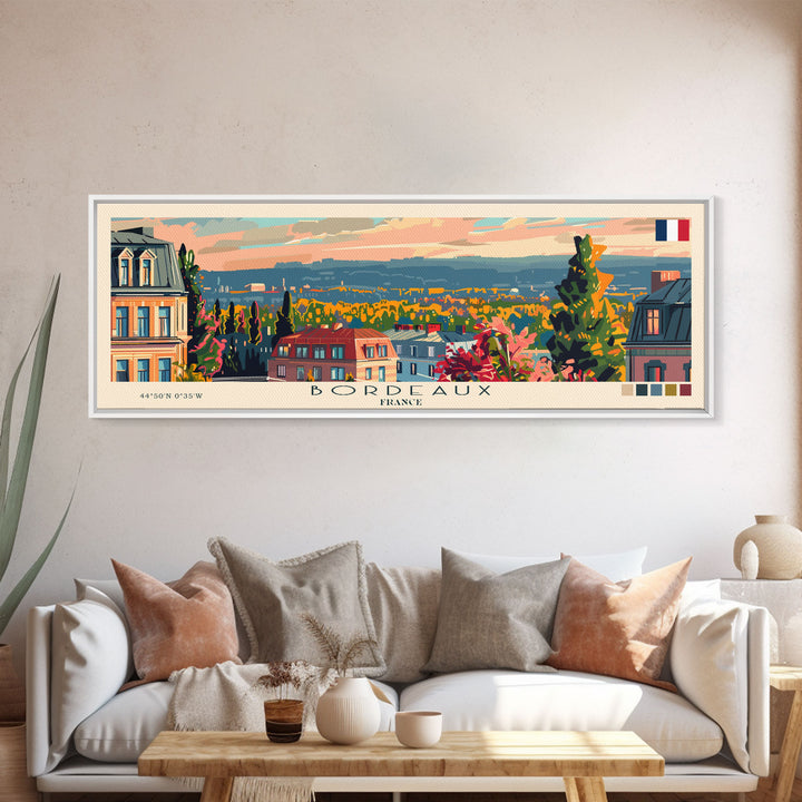 Bordeaux France Panoramic Travel Poster, Framed Canvas Print or Metal Wall Art, Travel Art, Home Decor, Panoramic Painting, Midcentury Art