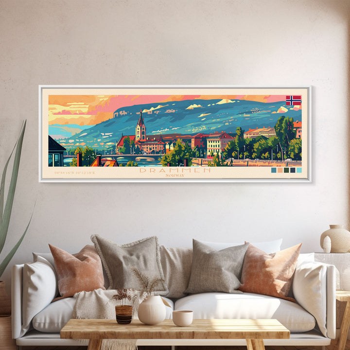 Drammen Norway Travel Print Wall Art, Panoramic City Art, Travel Art, Wall Decor, Vacation Gift, Framed Canvas Print Or Metal Art