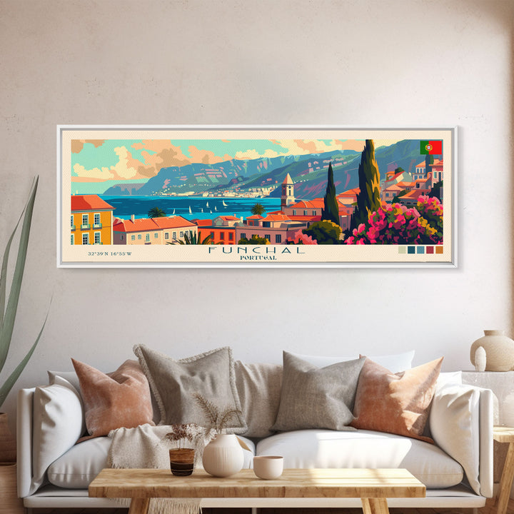 Funchal Portugal Travel Print Wall Art, Panoramic City Art, Travel Art, Wall Decor, Vacation Gift, Framed Canvas Print Or Metal Art