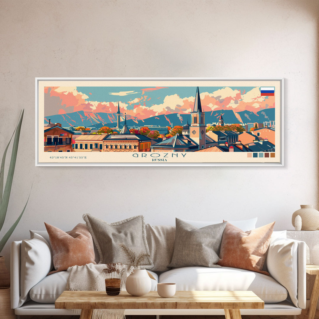 Grozny Russia Panoramic Travel Poster, Framed Canvas Print or Metal Wall Art, Travel Art, Home Decor, Panoramic Painting, Midcentury Art