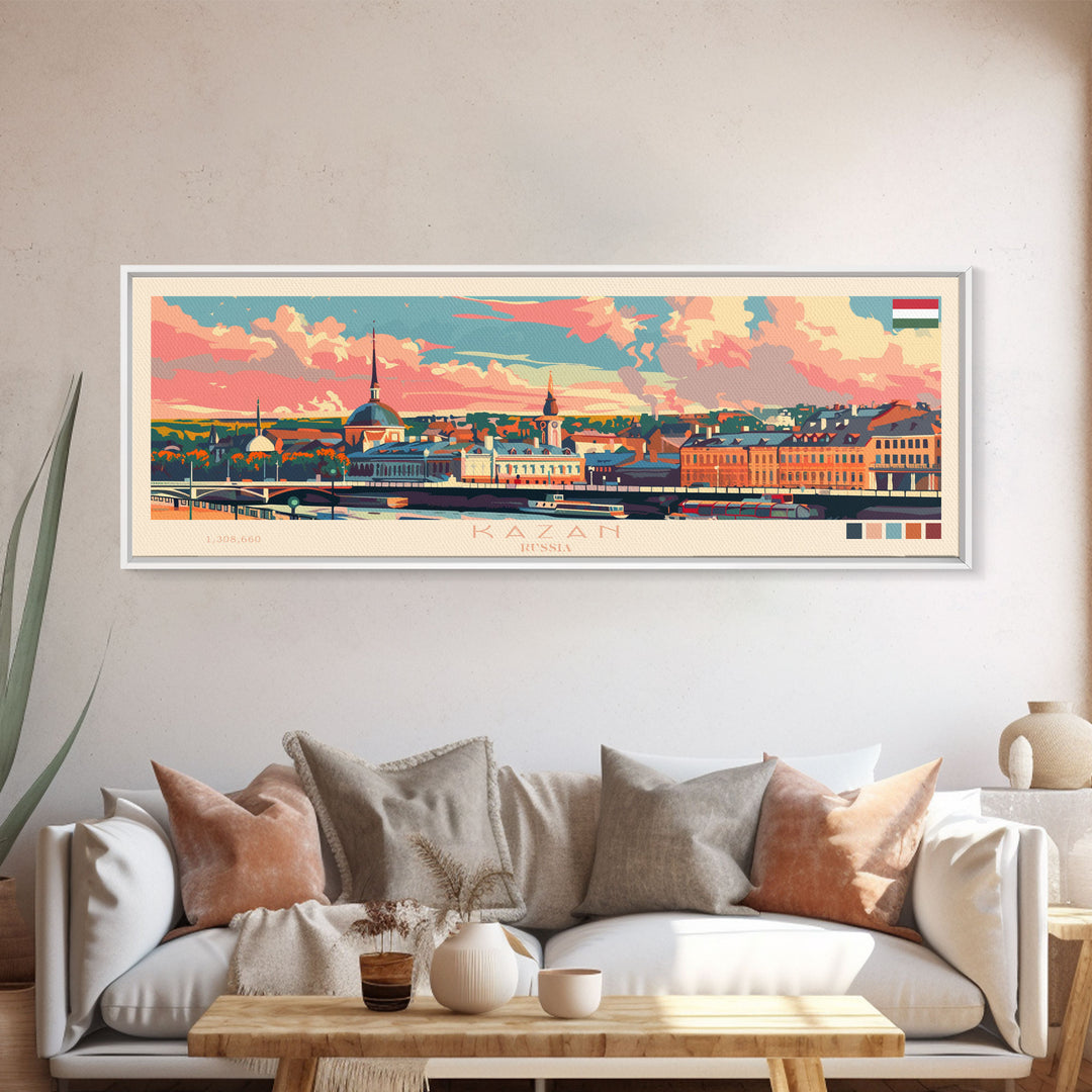 Kazan Russia Panoramic Travel Poster, Framed Canvas Print or Metal Wall Art, Travel Art, Home Decor, Panoramic Painting, Midcentury Art