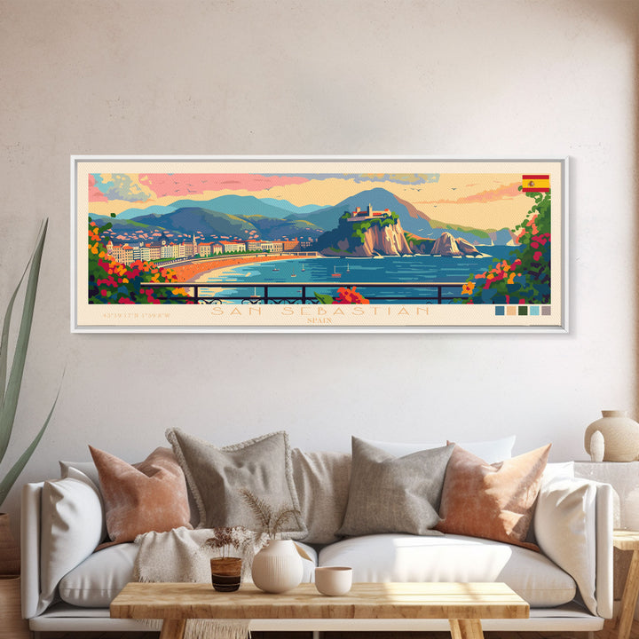 San Sebastian Spain Panoramic Travel Poster, Framed Canvas Print or Metal Wall Art, Travel Art, Home Decor, Panoramic Painting, Midcentury Art