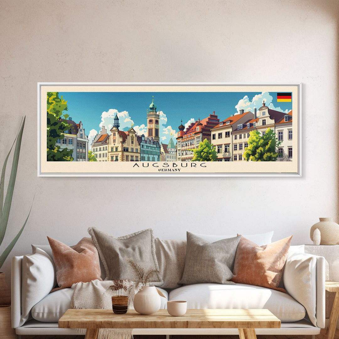 Augsburg Germany Panoramic Travel Poster, Framed Canvas Print or Metal Wall Art, Travel Art, Home Decor, Panoramic Painting, Midcentury Art