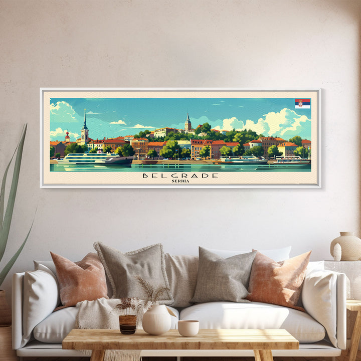 Belgrade Serbia Panoramic Travel Poster, Framed Canvas Print or Metal Wall Art, Travel Art, Home Decor, Panoramic Painting, Midcentury Art