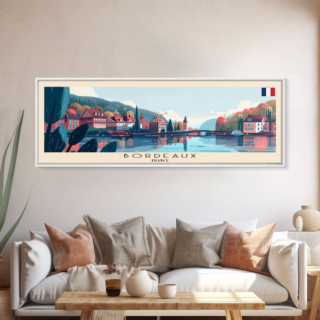 Bordeaux France Panoramic Travel Poster, Framed Canvas Print or Metal Wall Art, Travel Art, Home Decor, Panoramic Painting, Midcentury Art