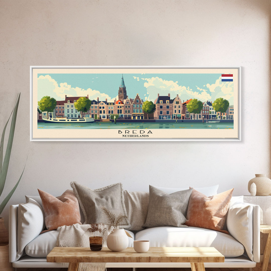 Breda Netherlands Panoramic Travel Poster, Framed Canvas Print or Metal Wall Art, Travel Art, Home Decor, Panoramic Painting, Midcentury Art