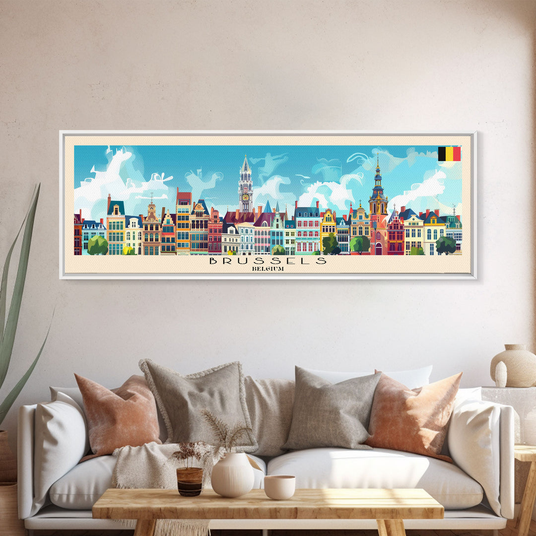 Brussels Belgium Panoramic Travel Poster, Framed Canvas Print or Metal Wall Art, Travel Art, Home Decor, Panoramic Painting, Midcentury Art