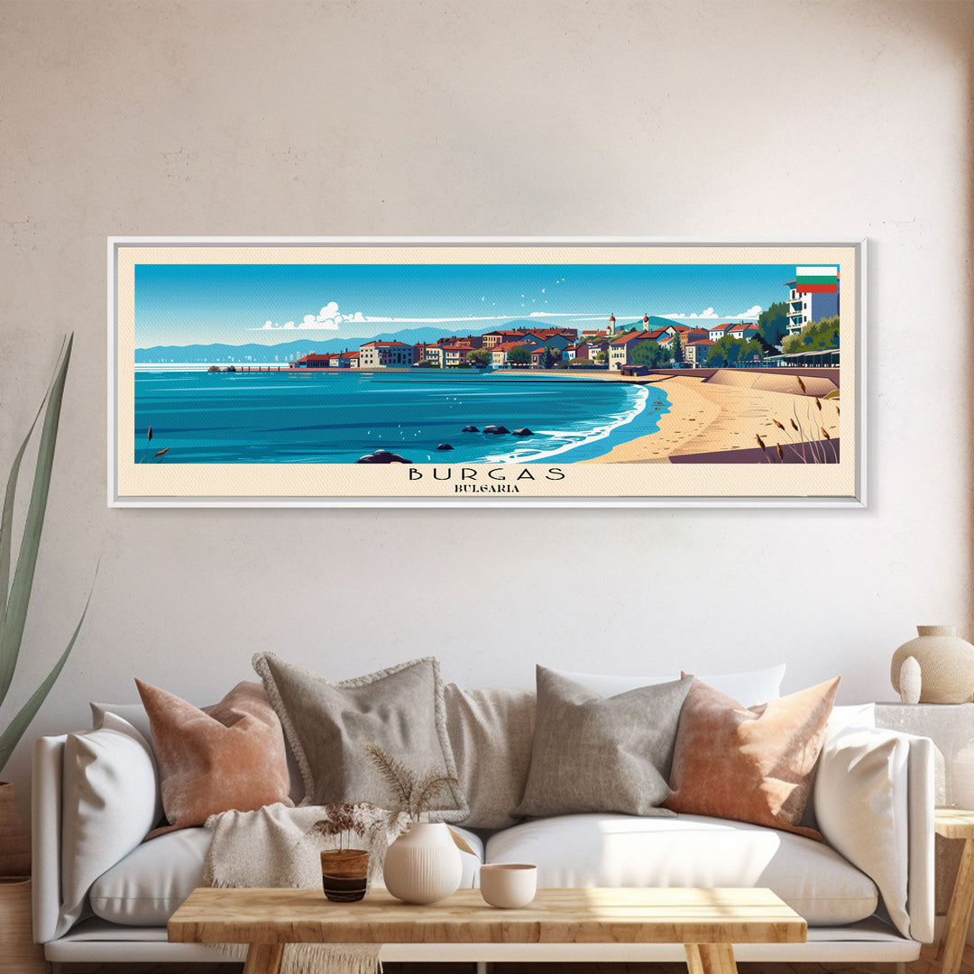 Burgas Bulgaria Panoramic Travel Poster, Framed Canvas Print or Metal Wall Art, Travel Art, Home Decor, Panoramic Painting, Midcentury Art