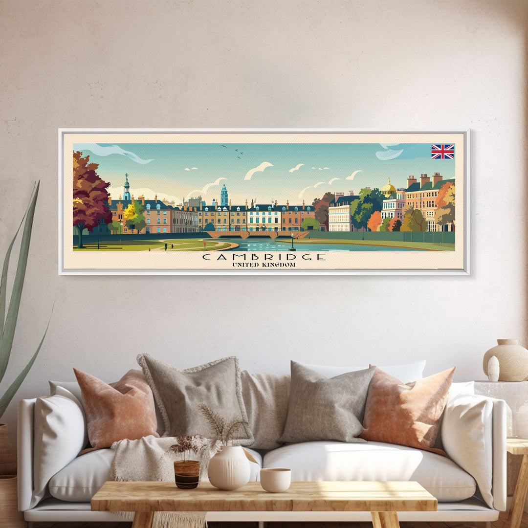 Cambridge United Kingdom Travel Print Wall Art, Panoramic City Art, Travel Art, Wall Decor, Vacation Gift, Framed Canvas Print Or Metal Art