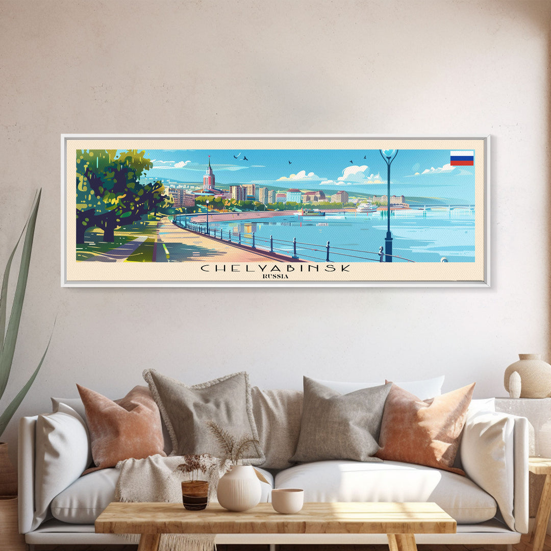 Chelyabinsk Russia Panoramic Travel Poster, Framed Canvas Print or Metal Wall Art, Travel Art, Home Decor, Panoramic Painting, Midcentury Art