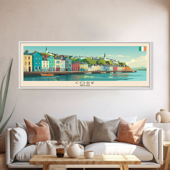 Cork Ireland Panoramic Travel Poster, Framed Canvas Print or Metal Wall Art, Travel Art, Home Decor, Panoramic Painting, Midcentury Art
