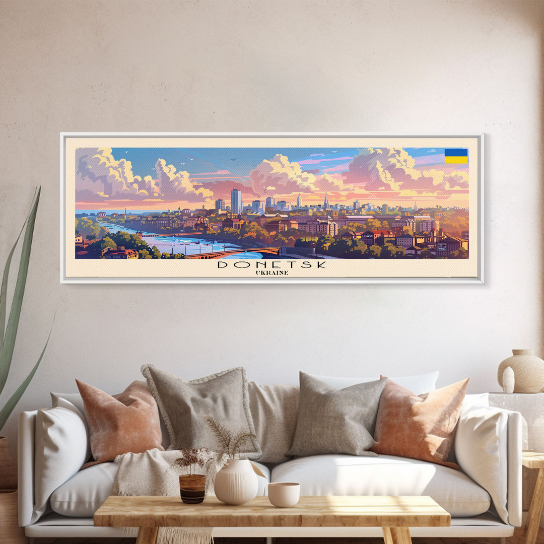 Donetsk Ukraine Panoramic Travel Poster, Framed Canvas Print or Metal Wall Art, Travel Art, Home Decor, Panoramic Painting, Midcentury Art