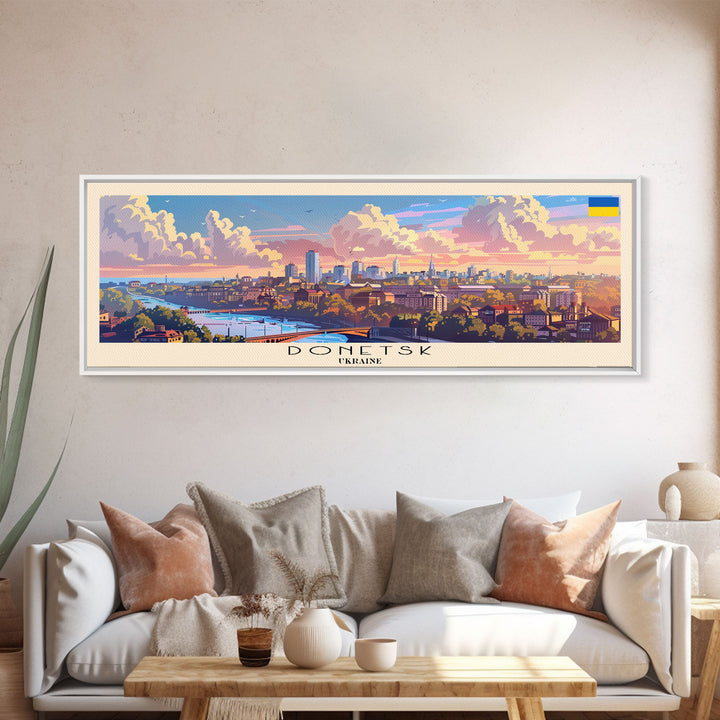 Donetsk Ukraine Panoramic Travel Poster, Framed Canvas Print or Metal Wall Art, Travel Art, Home Decor, Panoramic Painting, Midcentury Art
