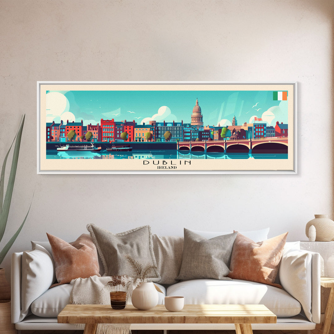 Dublin Ireland Panoramic Travel Poster, Framed Canvas Print or Metal Wall Art, Travel Art, Home Decor, Panoramic Painting, Midcentury Art