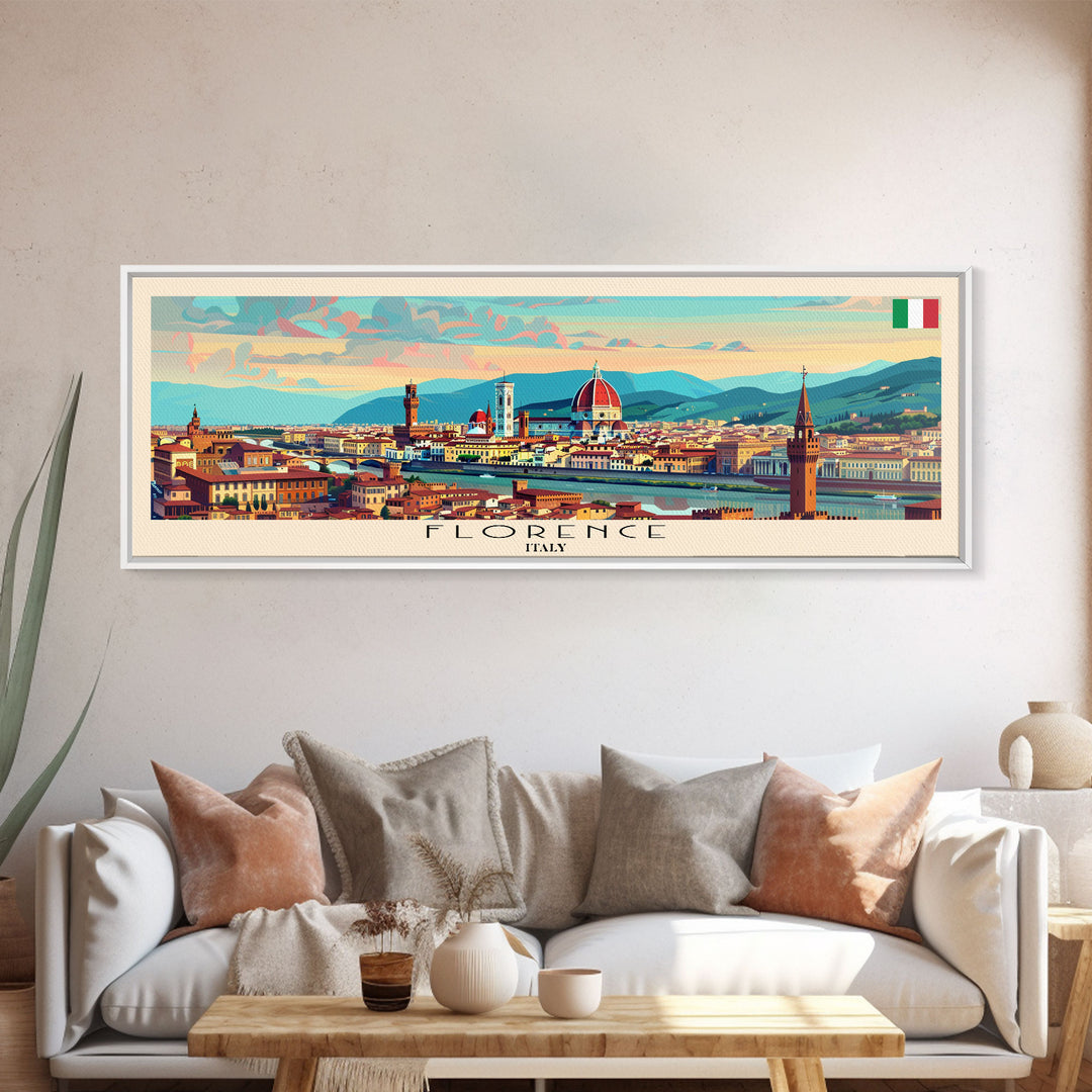 Florence Italy Panoramic Travel Poster, Framed Canvas Print or Metal Wall Art, Travel Art, Home Decor, Panoramic Painting, Midcentury Art