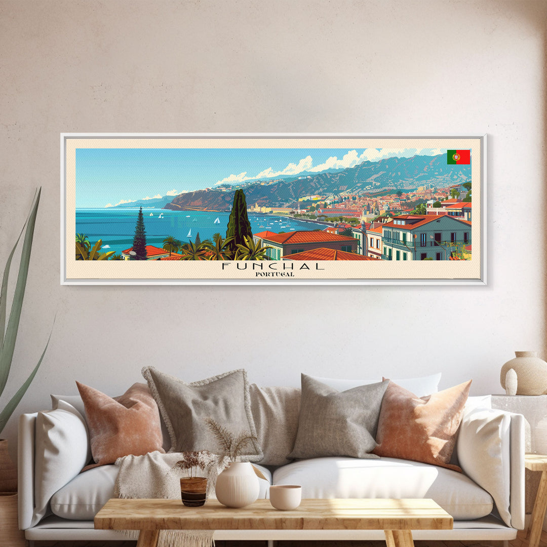 Funchal Portugal Travel Print Wall Art, Panoramic City Art, Travel Art, Wall Decor, Vacation Gift, Framed Canvas Print Or Metal Art