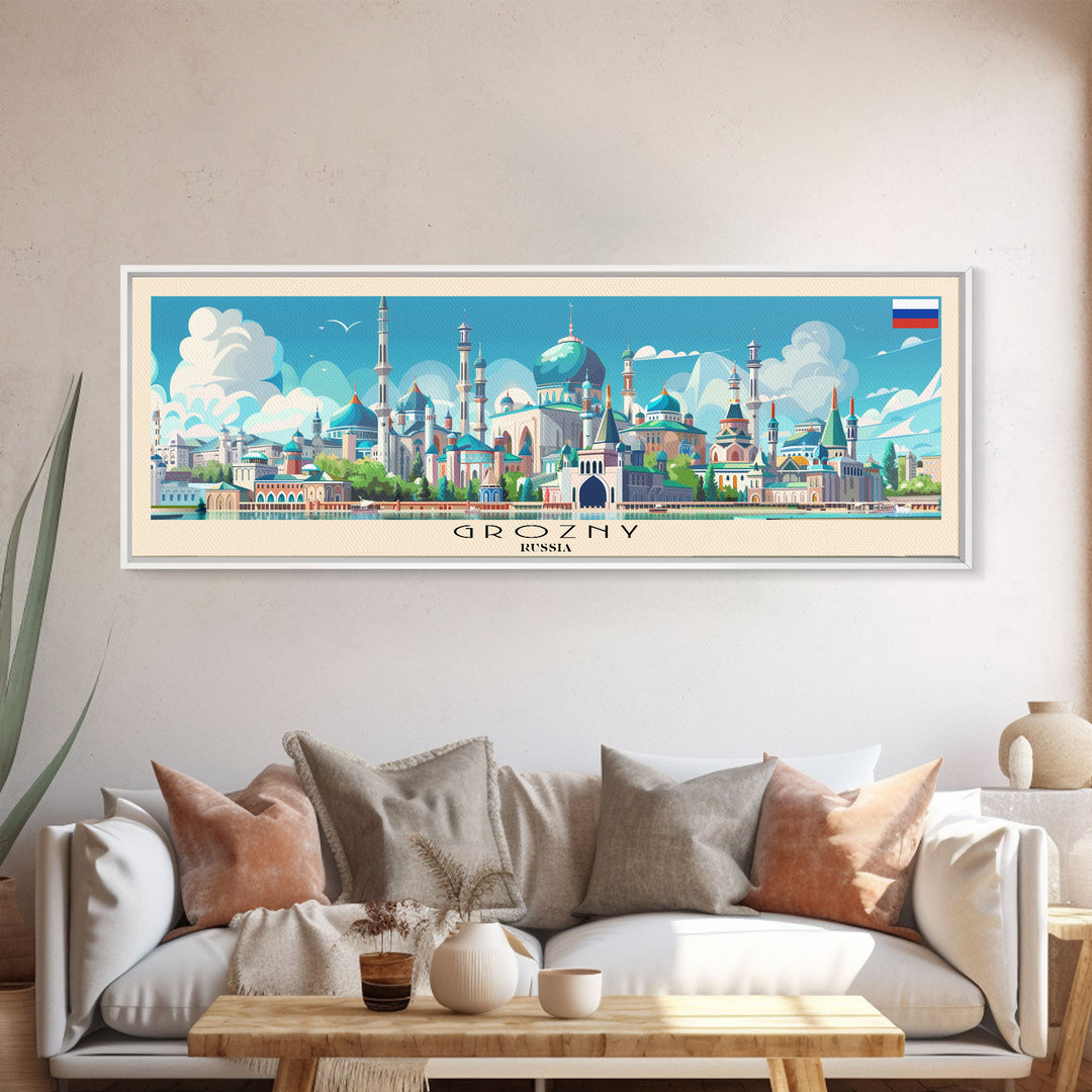 Grozny Russia Panoramic Travel Poster, Framed Canvas Print or Metal Wall Art, Travel Art, Home Decor, Panoramic Painting, Midcentury Art