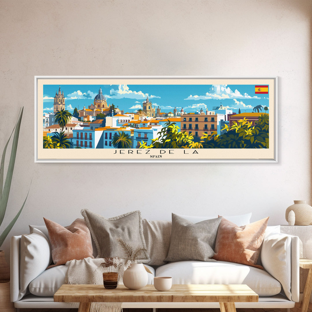 Jerez D eLa Frontera Spain Panoramic Travel Poster, Framed Canvas Print or Metal Wall Art, Travel Art, Home Decor, Panoramic Painting, Midcentury Art