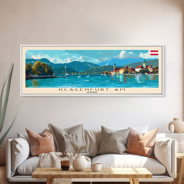 Klagenfurt Austria Panoramic Travel Poster, Framed Canvas Print or Metal Wall Art, Travel Art, Home Decor, Panoramic Painting, Midcentury Art