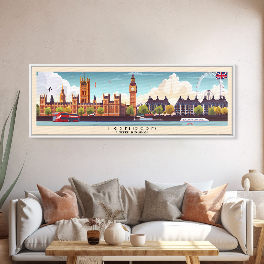 London United Kingdom Panoramic Travel Poster, Framed Canvas Print or Metal Wall Art, Travel Art, Home Decor, Panoramic Painting, Midcentury Art
