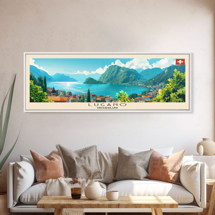 Lugano Switzerland Panoramic Travel Poster, Framed Canvas Print or Metal Wall Art, Travel Art, Home Decor, Panoramic Painting, Midcentury Art