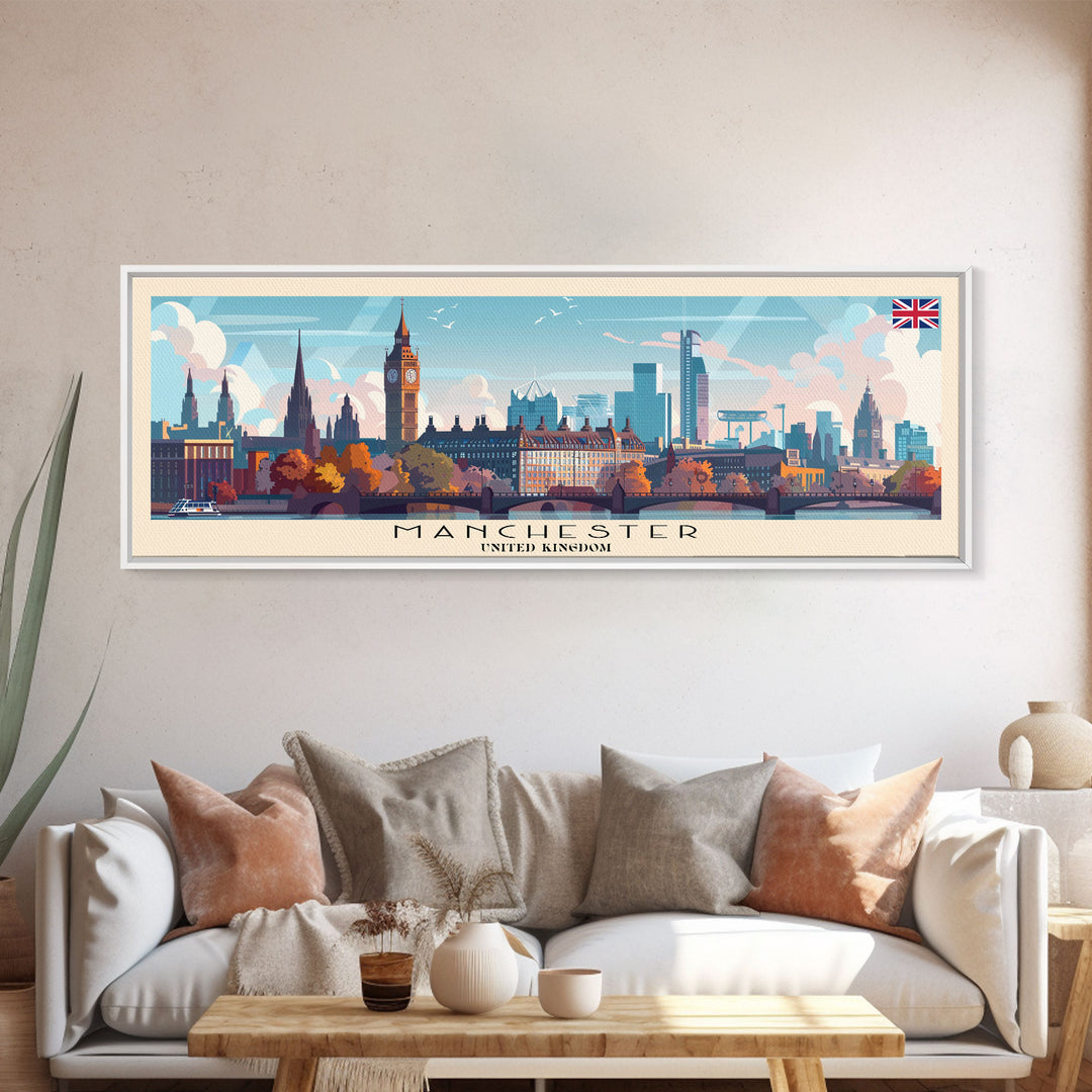 Manchester United Kingdom Panoramic Travel Poster, Framed Canvas Print or Metal Wall Art, Travel Art, Home Decor, Panoramic Painting, Midcentury Art