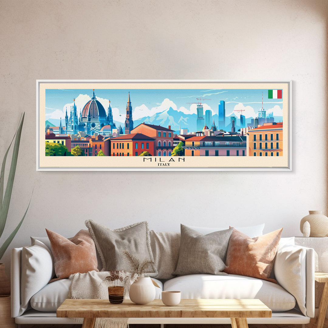 Milan Italy Panoramic Travel Poster, Framed Canvas Print or Metal Wall Art, Travel Art, Home Decor, Panoramic Painting, Midcentury Art