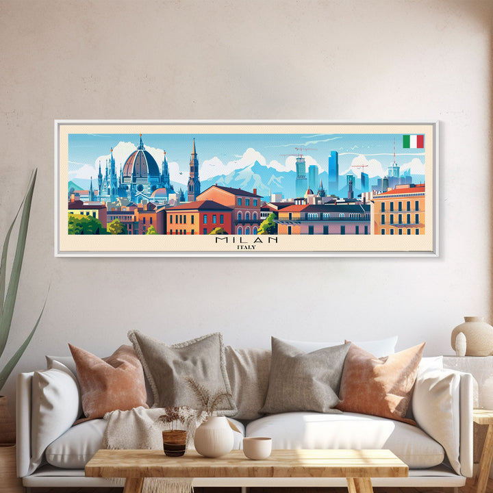 Milan Italy Panoramic Travel Poster, Framed Canvas Print or Metal Wall Art, Travel Art, Home Decor, Panoramic Painting, Midcentury Art