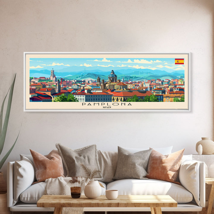 Pamplona Spain Panoramic Travel Poster, Framed Canvas Print or Metal Wall Art, Travel Art, Home Decor, Panoramic Painting, Midcentury Art