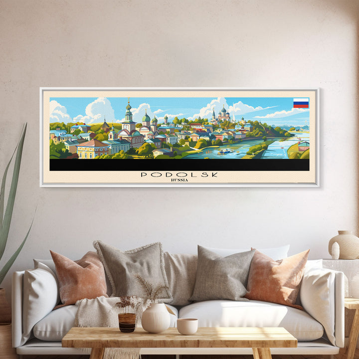 Podolsk Russia Panoramic Travel Poster, Framed Canvas Print or Metal Wall Art, Travel Art, Home Decor, Panoramic Painting, Midcentury Art