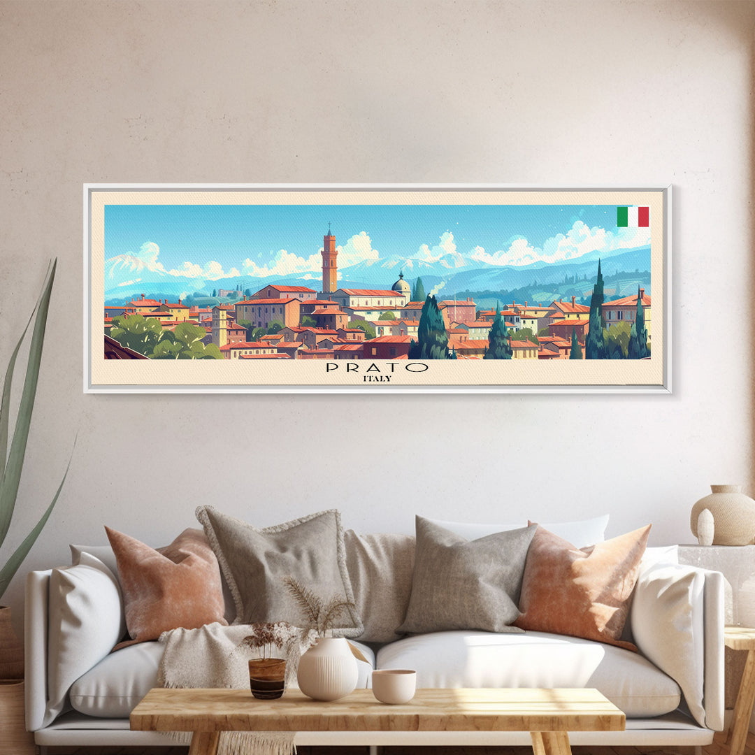 Prato Italy Panoramic Travel Poster, Framed Canvas Print or Metal Wall Art, Travel Art, Home Decor, Panoramic Painting, Midcentury Art