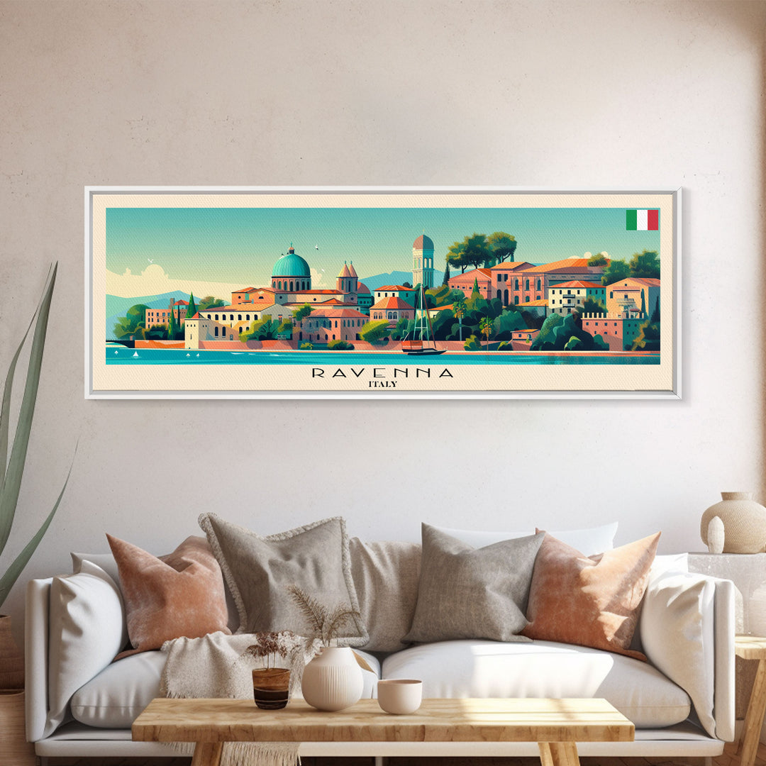 Ravenna Italy Panoramic Travel Poster, Framed Canvas Print or Metal Wall Art, Travel Art, Home Decor, Panoramic Painting, Midcentury Art