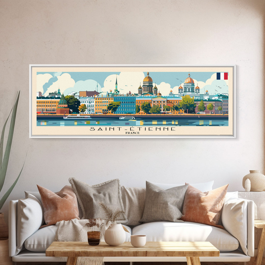 Saint Etienne France Panoramic Travel Poster, Framed Canvas Print or Metal Wall Art, Travel Art, Home Decor, Panoramic Painting, Midcentury Art